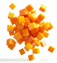 Poster - A vibrant explosion of orange cubes suspended in mid-air against a clean white backdrop, creating a visually stimulating geometric spectacle