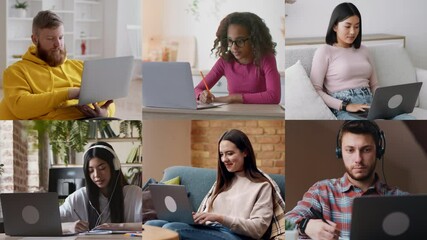 Poster - A group of six people is focused on their laptops in different home environments, showcasing a variety of work styles and settings in the afternoon light, emphasizing remote work's diversity.