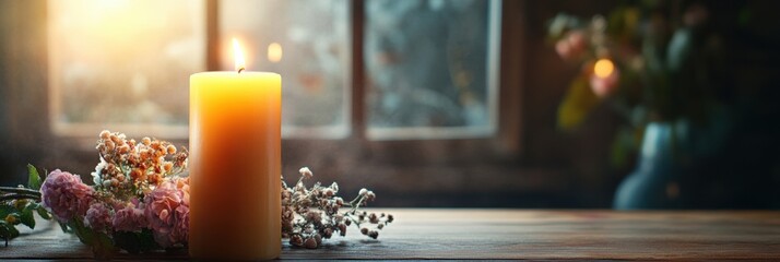 Aufkleber - Elegant festive dining table with candles and fresh flowers for a special gathering in a warm atmosphere. Generative AI