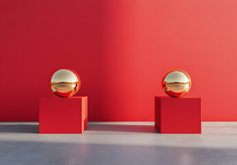 Aufkleber - Harmonious spheres reflecting landscapes atop vibrant red cubic platforms set against a monochrome backdrop evoking minimalist tranquility