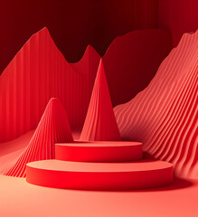 Aufkleber - Crimson dreamscape, minimalist display with textured peaks and tiered platforms evoking serene, artistic expression and understated modern elegance