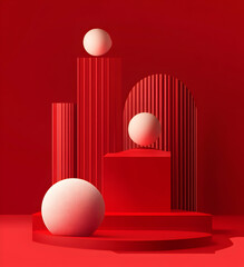 Aufkleber - Crimson Composition, Geometric Solids and Spheres in a Monochromatic Display Creating Visual Harmony and a Sense of Sophisticated Elegance