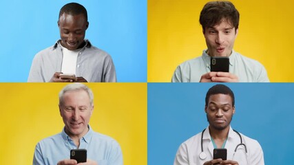 Poster - Four people of different ages interact joyfully with their smartphones, expressing happiness in a bright, colorful environment characterized by blue and yellow tones.