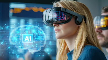 Poster - Exploring AI Innovations in Virtual Reality Tech Conference Digital Experience Modern Workspace Close-Up View