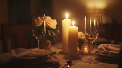 Poster - Festive dining table adorned with elegant tableware, glowing candles, and fresh flowers for a magical evening gathering. Generative AI