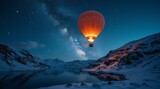 A Hot Air Balloon Fly in Celestial Sky over the Snowy Landscape.