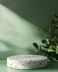 Poster - Elegant presentation platform featuring a terrazzo surface against a serene green backdrop with natural light and foliage accents for product display