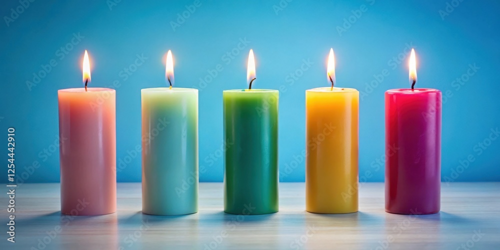 Colorful five candles placed in a row on a light blue background with a ...
