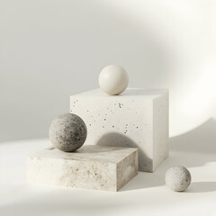 Poster - Minimalist Arrangement, Geometric stone shapes, cube and sphere under subtle lighting, creating a serene and contemporary composition against a white backdrop