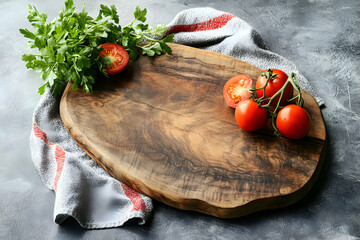 Rustic wooden cutting board with fresh tomatoes and parsley, set against a textured gray background, creating a charming culinary scene for food preparation