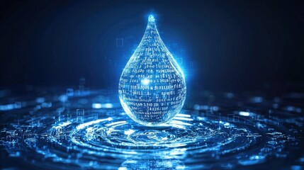 Poster - A high-tech digital water droplet with binary code overlays, illustrating data-driven environmental monitoring and water analysis.