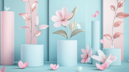 Poster - A pastel-colored 3D display stand with scattered petals and fresh green leaves, embodying the essence of springtime in a modern aesthetic.
