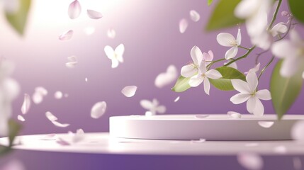 Poster - A pastel-colored 3D display stand with scattered petals and fresh green leaves, embodying the essence of springtime in a modern aesthetic.