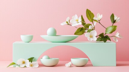 Poster - A pastel-colored 3D display stand with scattered petals and fresh green leaves, embodying the essence of springtime in a modern aesthetic.