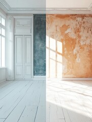 Wall Mural - Contrasting interiors showcase the evolution from dark vintage to modern bright design. Generative AI