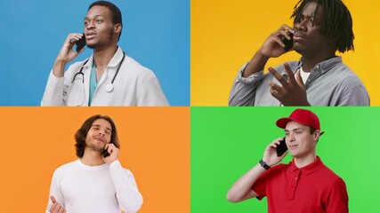 Poster - Four people of different backgrounds are talking on their phones. They are positioned in separate quadrants, each against a colorful backdrop, highlighting their unique styles and expressions.