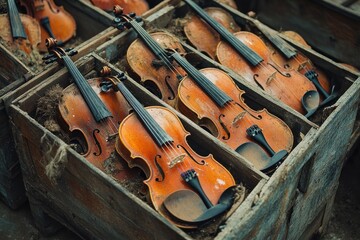 Old violins stacked in wooden crates outdoors, awaiting repair or auction