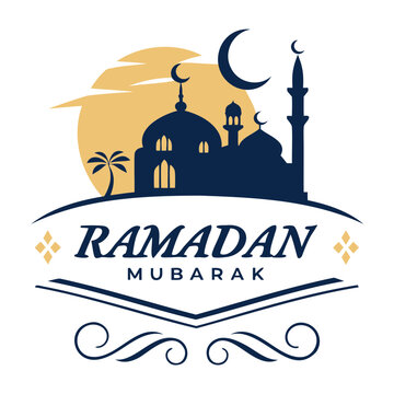 Beautiful Ramadan Mubarak Logo Incorporating Mosque and Festive Elements
