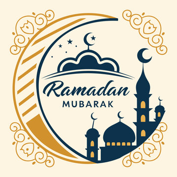 Elegant Ramadan Mubarak Logo with Mosque Silhouette and Traditional Elements