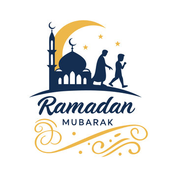 Elegant Ramadan Mubarak Logo with Mosque Silhouette and Traditional Elements