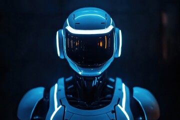 Aufkleber - Glowing humanoid robot stands confidently in a dark, minimalist environment showcasing futuristic design and technology. Generative AI