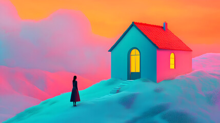 Wall Mural - A Serene Minimalist Landscape Featuring an Abstract House and a Figure within it