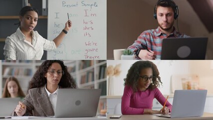 Poster - A classroom environment features students participating in online education. Individuals work on laptops, listening, taking notes, and interacting with digital tools and materials.