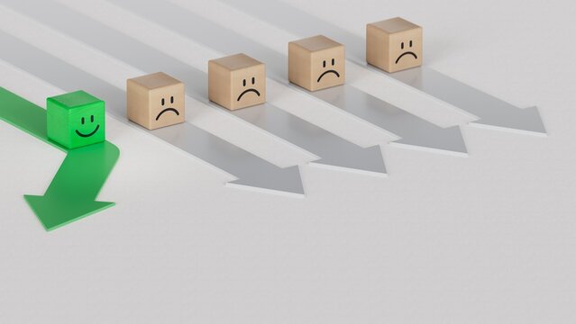 GREEN leader in business way.Wood cube with smile, normal and sad face. Facial expressions. Mental health assessment.3D rendering on white background.
