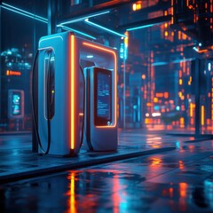 Leinwandbilder - Futuristic electric vehicle charging station illuminated by neon lights in a high tech urban environment. Generative AI