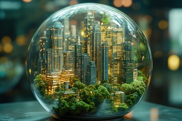 Miniature city inside glass sphere, night scene, bokeh background, urban sustainability concept