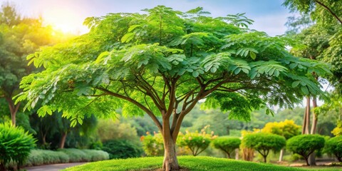 Moringa tree with large leaves and branches growing in a tropical garden, flora, morning,  flora,morning, botanical