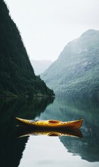 Poster - Lone yellow kayak on a tranquil mountain lake surrounded by majestic peaks under a calm sky. Generative AI