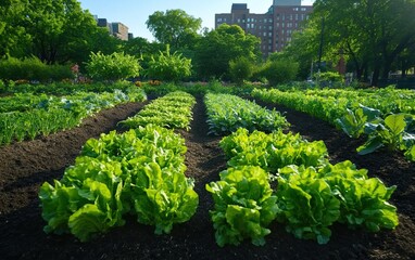 Wall Mural - A vibrant urban garden showcasing rows of leafy greens and vegetables under a clear blue sky, surrounded by trees and buildings.