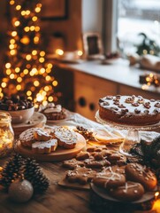 Aufkleber - Festive kitchen table adorned with freshly baked cookies and beautiful decorated cakes for holiday celebration. Generative AI