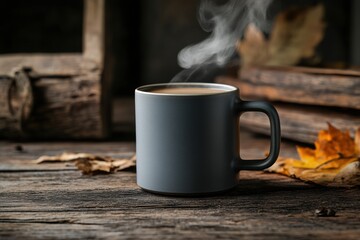 Fototapete - Warm coffee cup rests on rustic wooden table with steam rising in cozy atmosphere perfect for relaxation and reflection. Generative AI