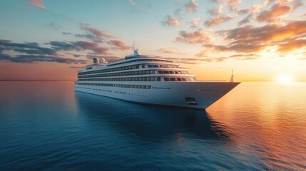 Poster - Luxury cruise ship sails across calm waters during a vibrant sunset over the horizon. Generative AI