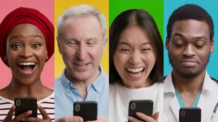 Poster - A diverse group of four individuals showcases joy and surprise as they engage with their smartphones against bright, colorful backgrounds, highlighting a moment of shared enthusiasm.