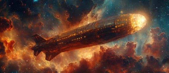 Wall Mural - Spaceship flies through nebula, cosmic background, sci-fi art