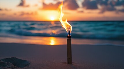 Wall Mural - Burning Torch on Sandy Beach at Sunset Enhancing Serene Atmosphere