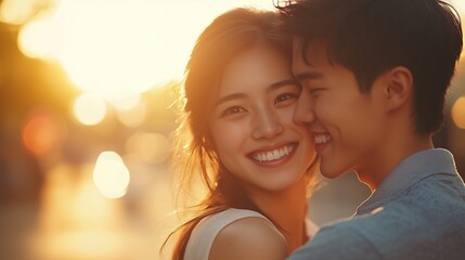 romantic young asian couple embracing outdoors under warm golden sunlight, sharing a loving smile. s