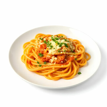a cheesy pasta on a white plate isolated on the white background