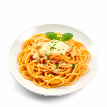 a cheesy pasta on a white plate isolated on the white background