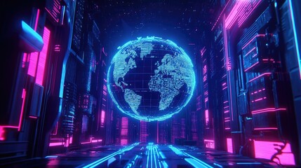 Poster - Futuristic Digital Globe with Neon Lights and Cybernetic Background