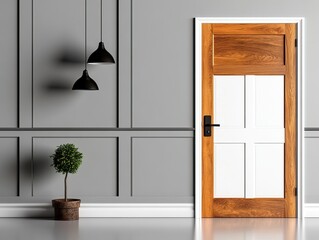 Poster - A modern interior featuring a wooden door against a gray wall, accompanied by a potted plant and stylish pendant lights.