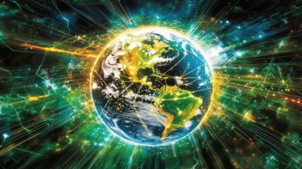 Poster - Bright Earth with Energy Waves Illustrating Global Connectivity