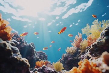 Poster - Vibrant coral reef thriving with colorful tropical fish swimming gracefully under sunlight. Generative AI