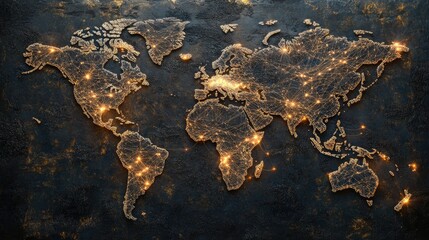 Poster - Detailed World Map with Glowing Connections on Dark Background
