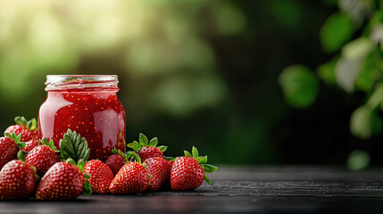 Wall Mural - high resolution still life image of strawberry jam in jar surrounded by fresh strawberries. vibrant colors and natural setting evoke sense of freshness and sweetness