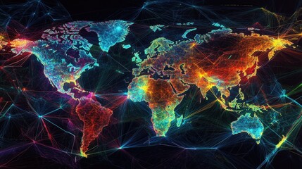 Poster - Colorful Digital Network Map Representing Global Connectivity and Data