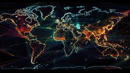 Poster - Global Network Visualization With Vibrant Light Trails Across Continents